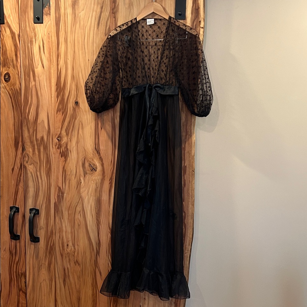 Vintage Alice Maloof  Black Sheer Ruffle and lace Open Robe